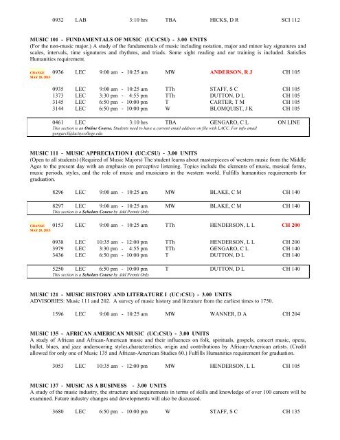 LOS ANGELES CITY COLLEGE FALL 2013 CLASS SCHEDULE ...