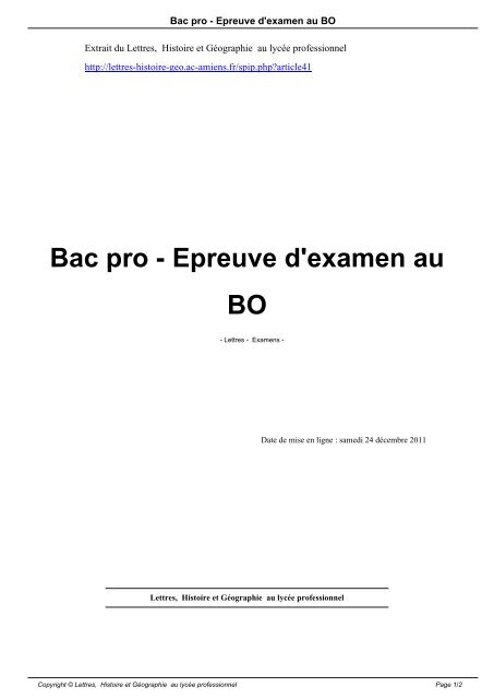 Bac pro - Epreuve d'examen au BO - Lettres, Histoire et Géographie ...