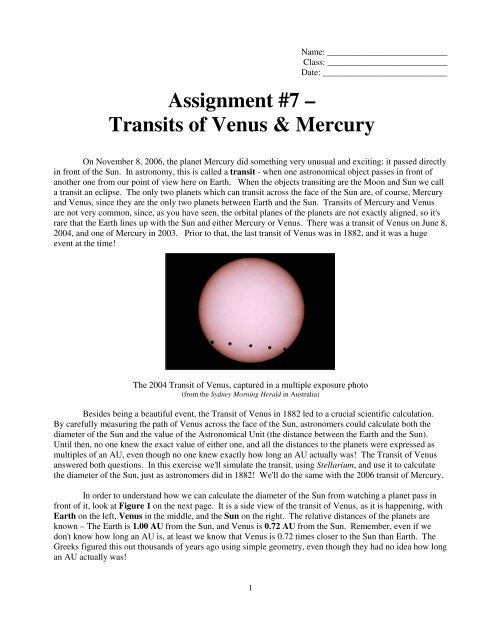 Assignment #7 – Transits of Venus & Mercury - Faculty Web Pages