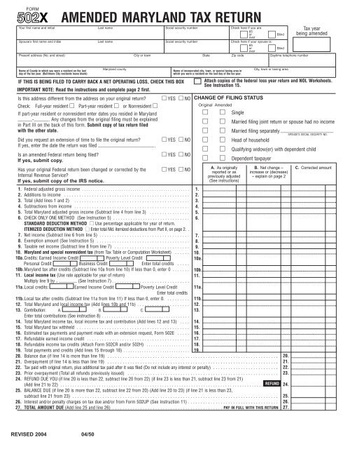 AMENDED MARYLAND TAX RETURN - the Comptroller of Maryland