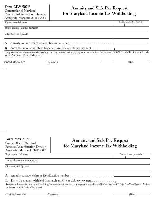 Annuity And Sick Pay Request For Maryland Income Tax Withholding