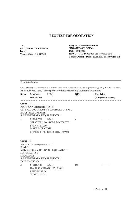 Request For Quotation Gail