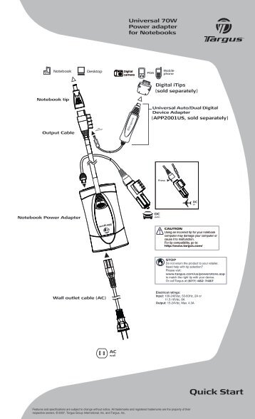 70 Watt AC Notebook Power Adapter Instant Use Guide - Targus