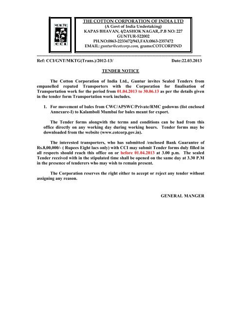 The Cotton Corporation Of India Ltd Tenders India