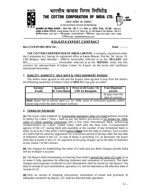 Export Sale Contract to Bangladesh (CNF EX -Benapole)