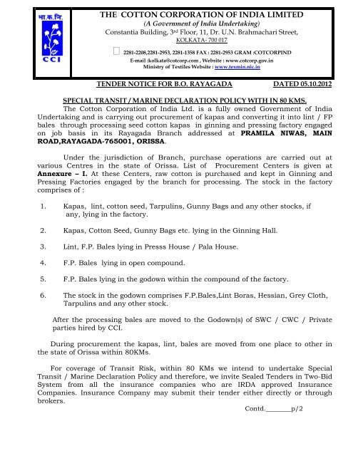 THE COTTON CORPORATION OF INDIA LIMITED - Tenders India