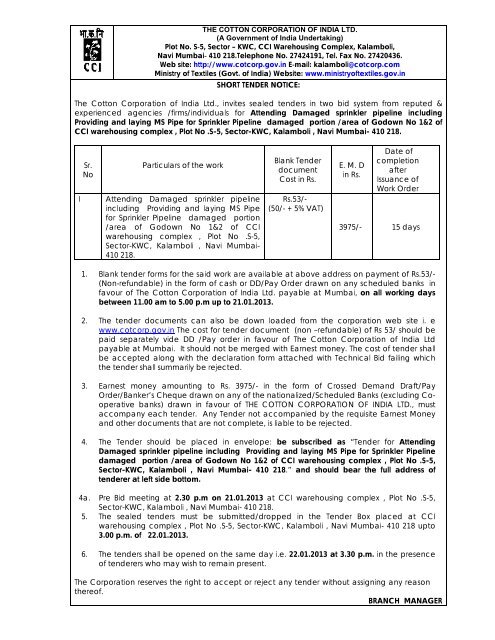 SHORT TENDER NOTICE: The Cotton Corporation ... - Tenders India