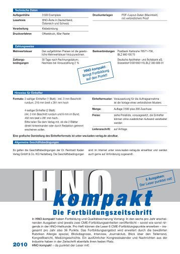 Mediadaten HNO 2010:Mediadaten HNO 2006 - Kaden Verlag