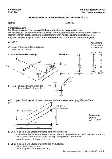 FH Potsdam FB Bauingenieurwesen Semesterklausur AStatik der ...