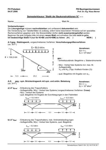 FH Potsdam FB Bauingenieurwesen Semesterklausur AStatik der ...