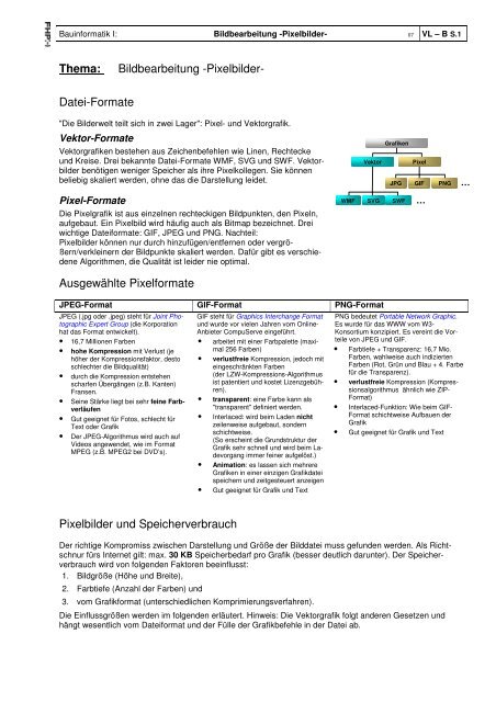 Thema: Bildbearbeitung -Pixelbilder- Datei-Formate Ausgewählte ...