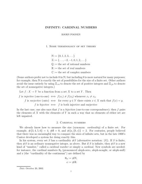 INFINITY: CARDINAL NUMBERS 1. Some terminology of set theory ...