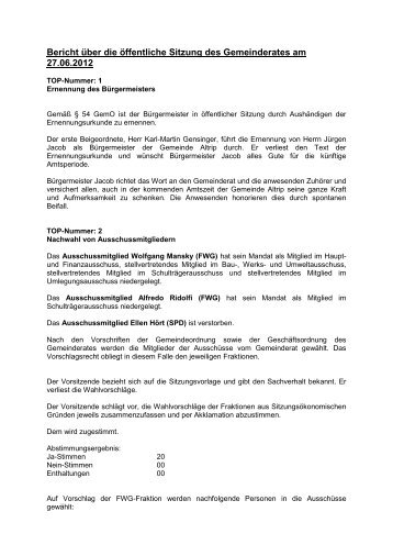 öffentliche Sitzung des Gemeinderates am 27.06.2012 - Altrip