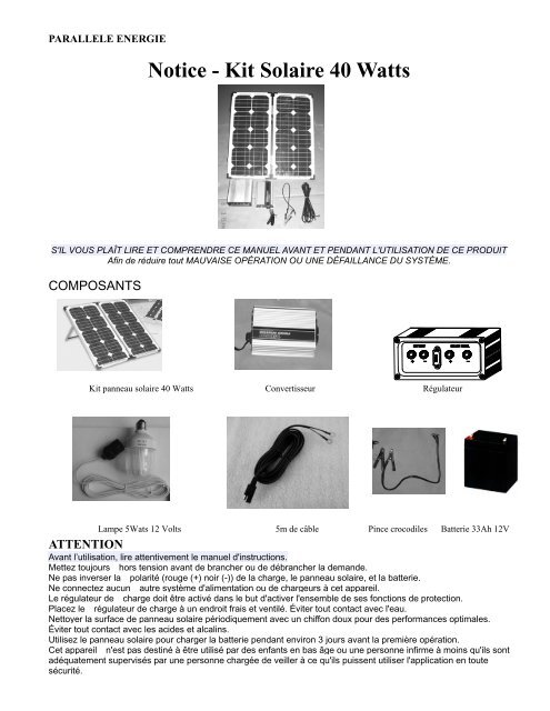 Notice - Kit Solaire 40 Watts - Carrefour.fr