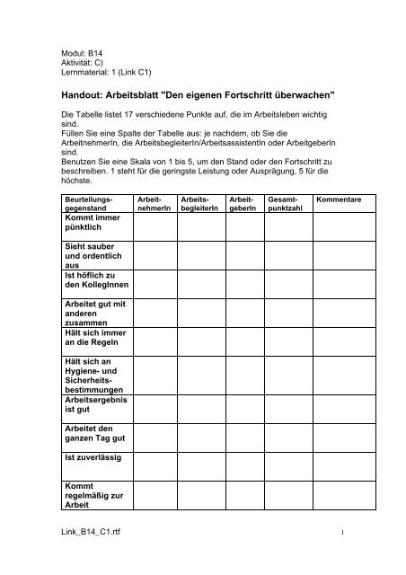 Handout Arbeitsblatt Den Eigenen Fortschritt Aktionbildung