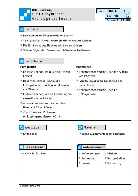 Die Fotosynthese: „Grundlage des Lebens“ - aktionbildung