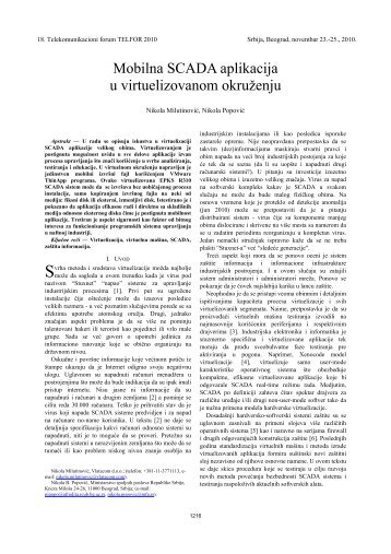 Mobilna SCADA aplikacija u virtuelizovanom okruženju - Telfor 2010