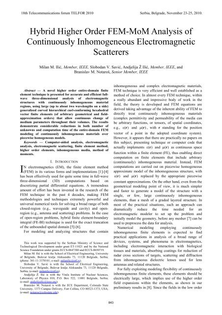 Hybrid Higher Order FEM-MoM Analysis of ... - Telfor 2010