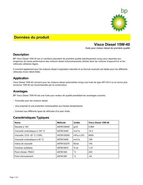 Données du produit Visco Diesel 15W-40 - BP - PDS & MSDS Search