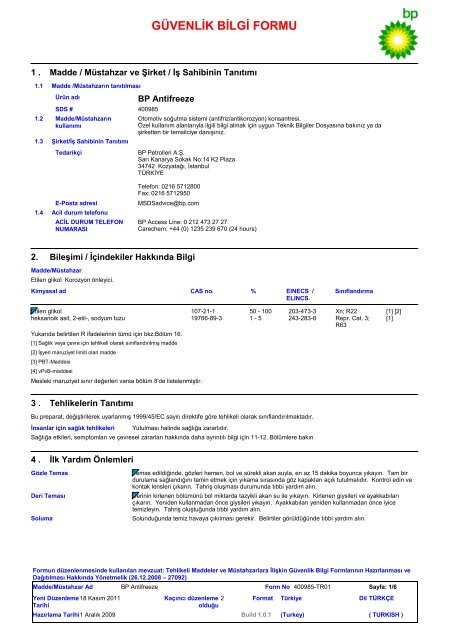 GÜVENLİK BİLGİ FORMU - BP - PDS & MSDS Search