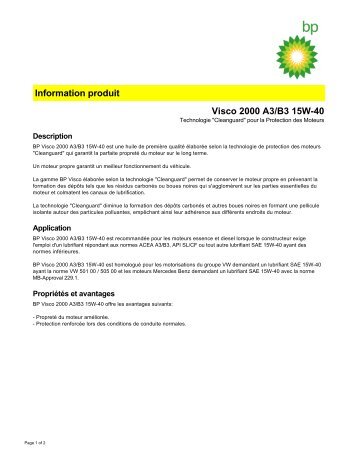 Information produit Visco 2000 A3/B3 15W-40 - BP - PDS & MSDS ...