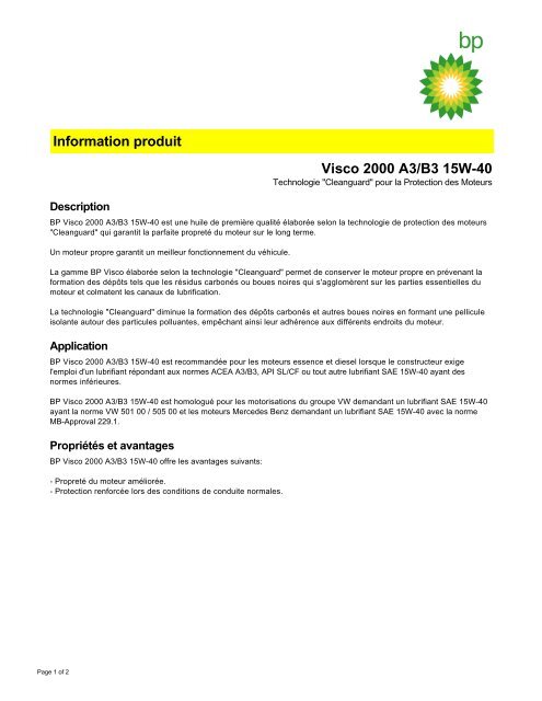 Information produit Visco 2000 A3/B3 15W-40 - BP - PDS & MSDS ...