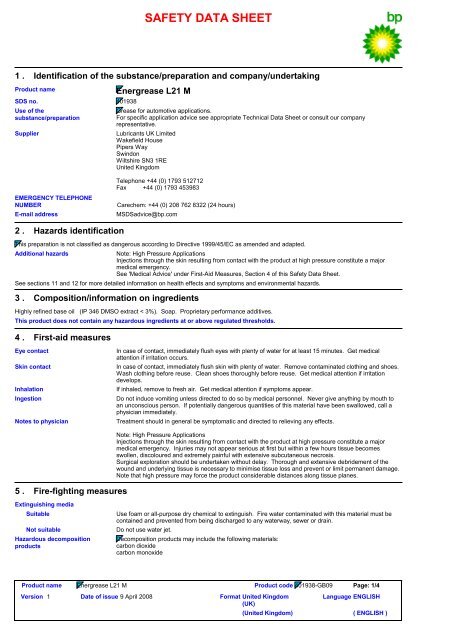 SAFETY DATA SHEET - BP - PDS &amp; MSDS Search