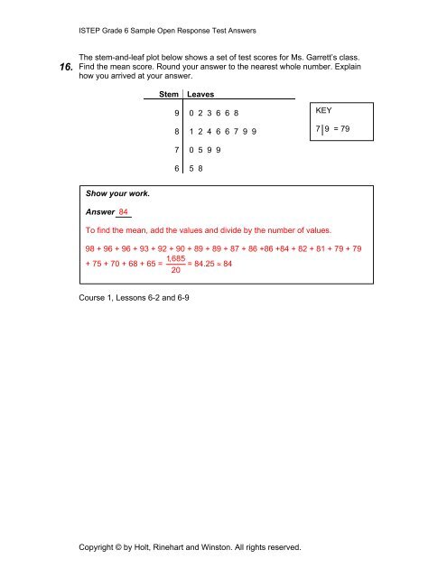 ISTEP Grade 6 Sample Open Response Test Answers