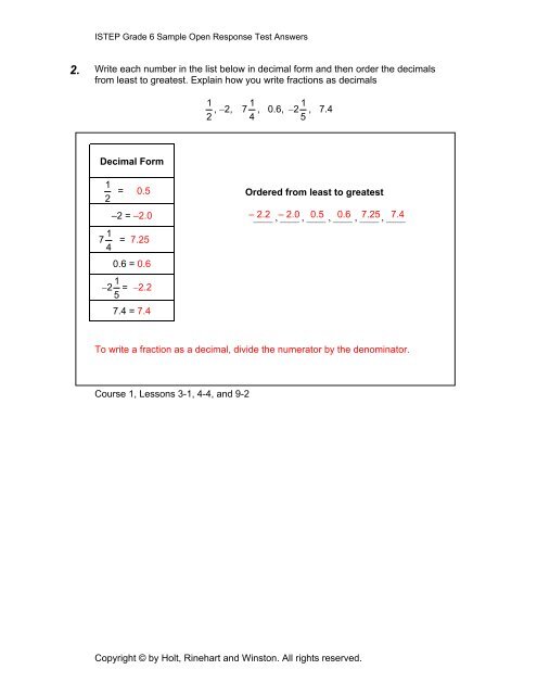 ISTEP Grade 6 Sample Open Response Test Answers