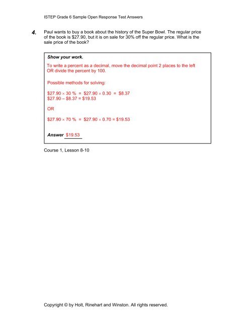 ISTEP Grade 6 Sample Open Response Test Answers