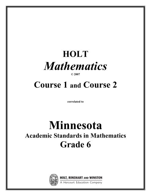 Holt Mathematics Course 1 and Course 2 Correlation to Grade 6 ...