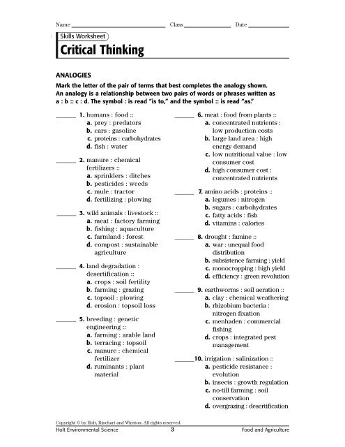 critical thinking answer sheet