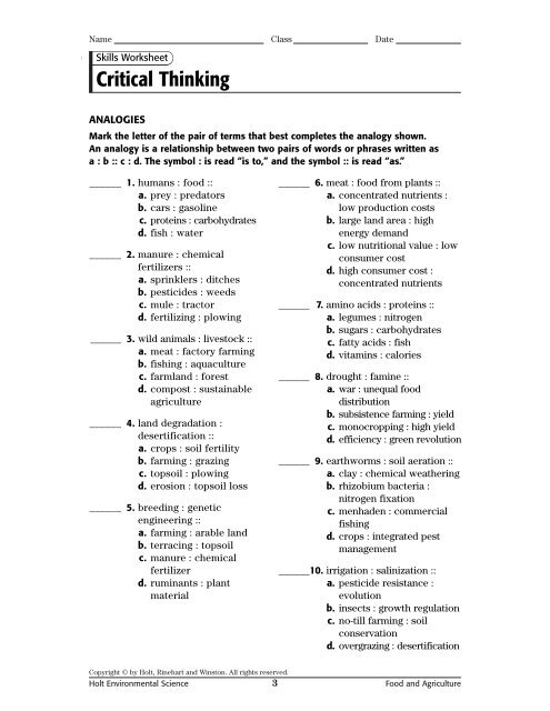 holt mcdougal environmental science critical thinking analogies