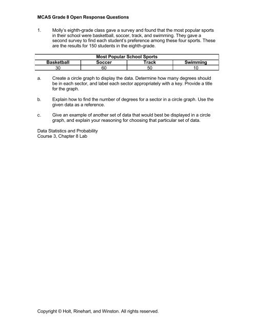 MCAS Grade 8 Open Response Questions Copyright © Holt ...