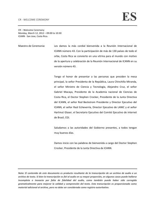 CR - WELCOME CEREMONY Maestro de Ceremonia - Costa Rica ...