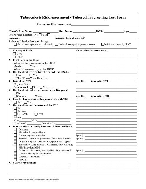 Risk Assessment For Tb Screening