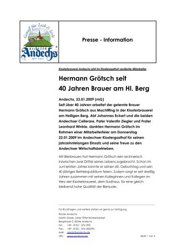 Hermann Grötsch seit 40 Jahren Brauer am Hl. Berg - Kloster Andechs