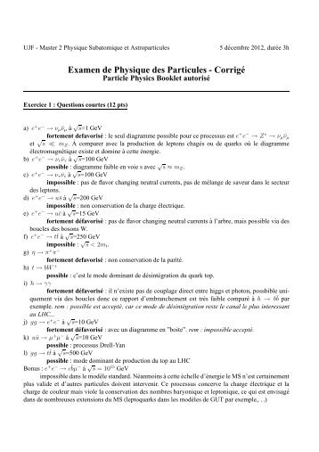 Examen de Physique des Particules - Corrigé - LPSC