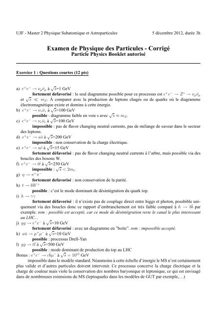 Examen de Physique des Particules - Corrigé - LPSC