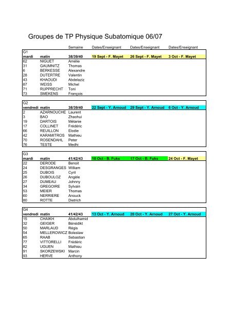 Composition des groupes de TP pour l'année 2006-2007 - LPSC