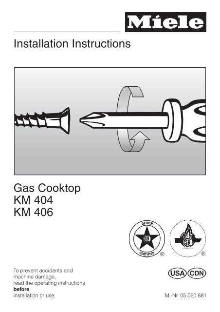 Installation Instructions Gas Cooktop Km 404 Km 406 Miele Ca