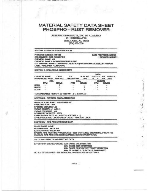 MATERIAL SAFETY DATA SHEET PHOSPHO - RUST REMOVER