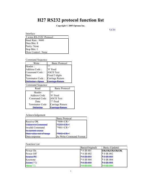 H27 RS232 protocol function list - the Optoma Marketing Intranet.