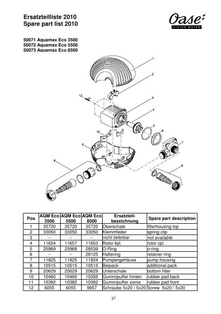 Oase Spare Parts 2010 - Clearpond NZ