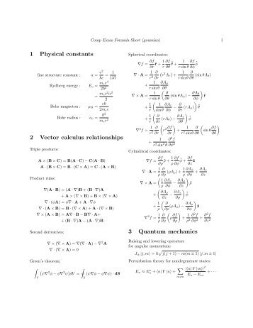 1 Physical constants 2 Vector calculus relationships 3 Quantum ...