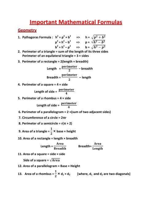 Geometry Mathematical Formulas