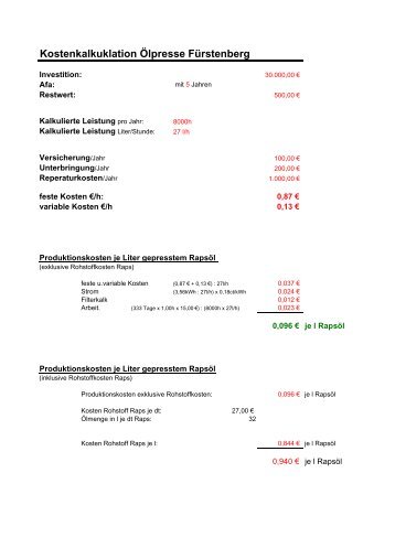 Kostenkalkulation Ölpresse neu