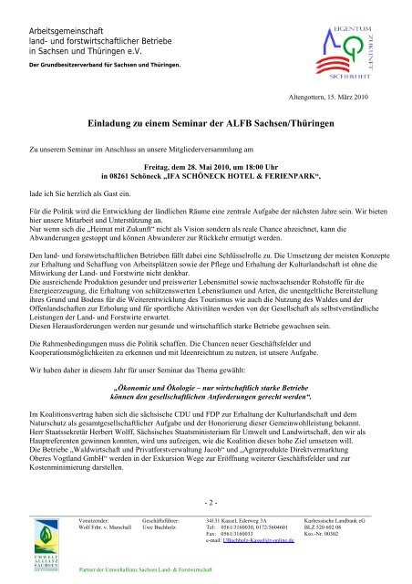 Einladung zu einem Seminar der ALFB Sachsen/Thüringen