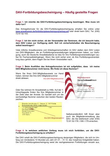 DAV-Fortbildungsbescheinigung â HÃ¤ufig ... - Deutscher Anwaltverein