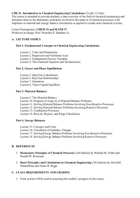 CHE 31. Introduction to Chemical Engineering Calculations (Credit ...